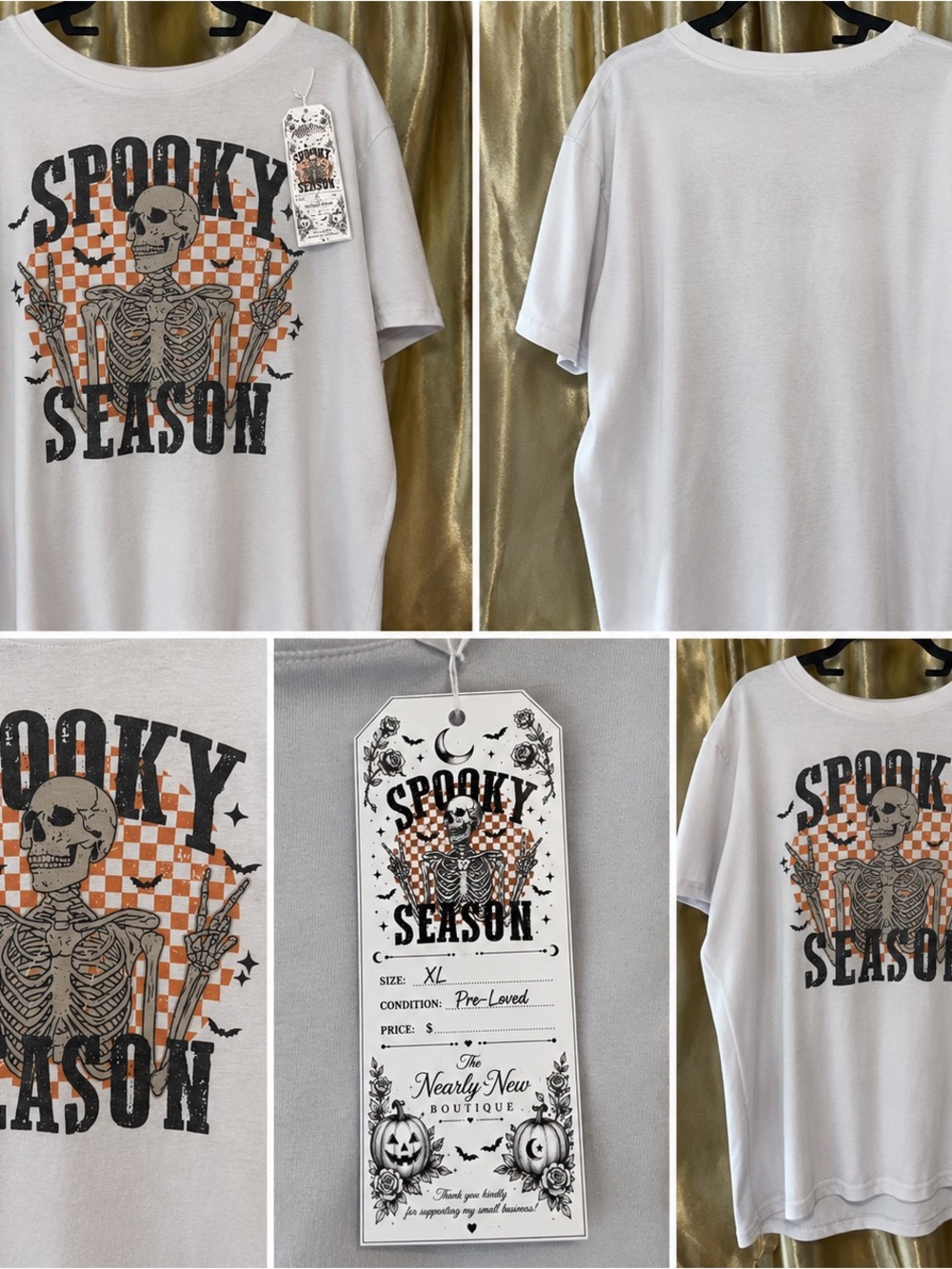 Spooky Season Graphic Tee - White with Orange & Black Skeleton